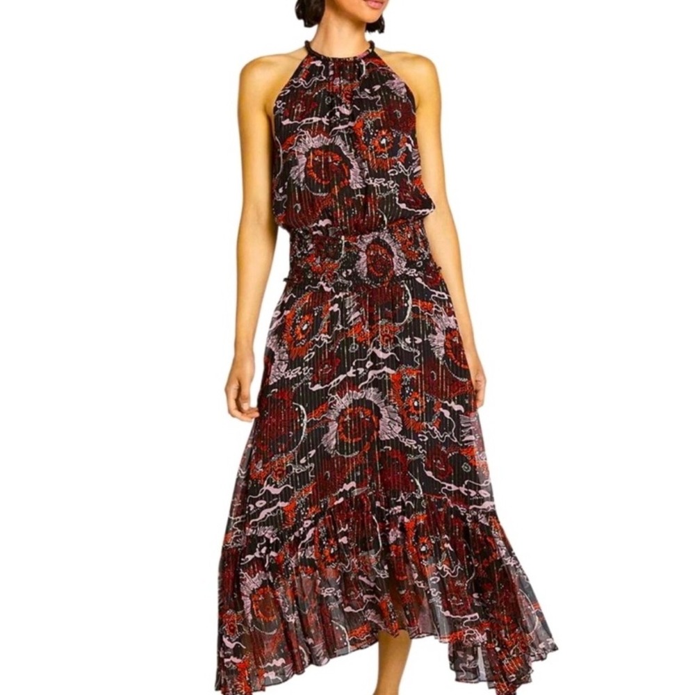 A.L.C. Bardot Silk Chiffon Printed Maxi Dress 4 Asymmetrical Hem Halter Neck NEW